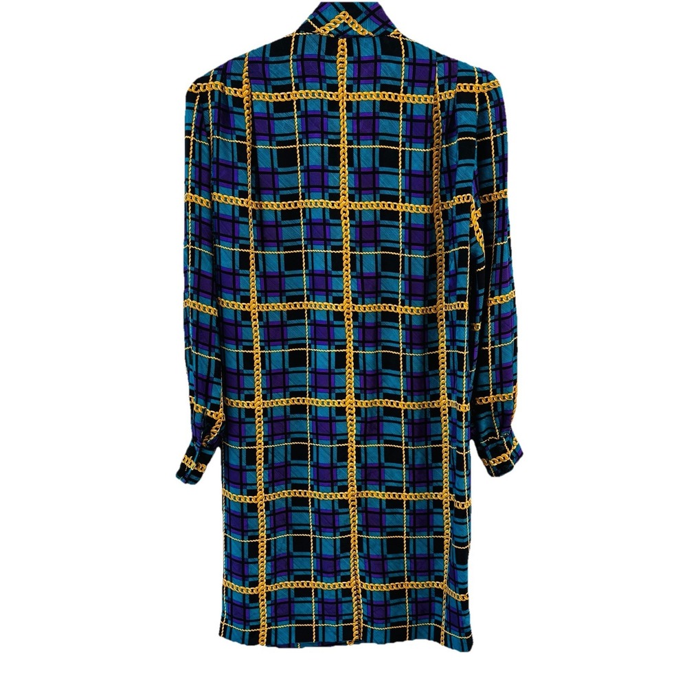 90s Adrianna Papell Silk Shift Dress Womens Blue Purple Plaid Chain Print Bow - Picture 2 of 12